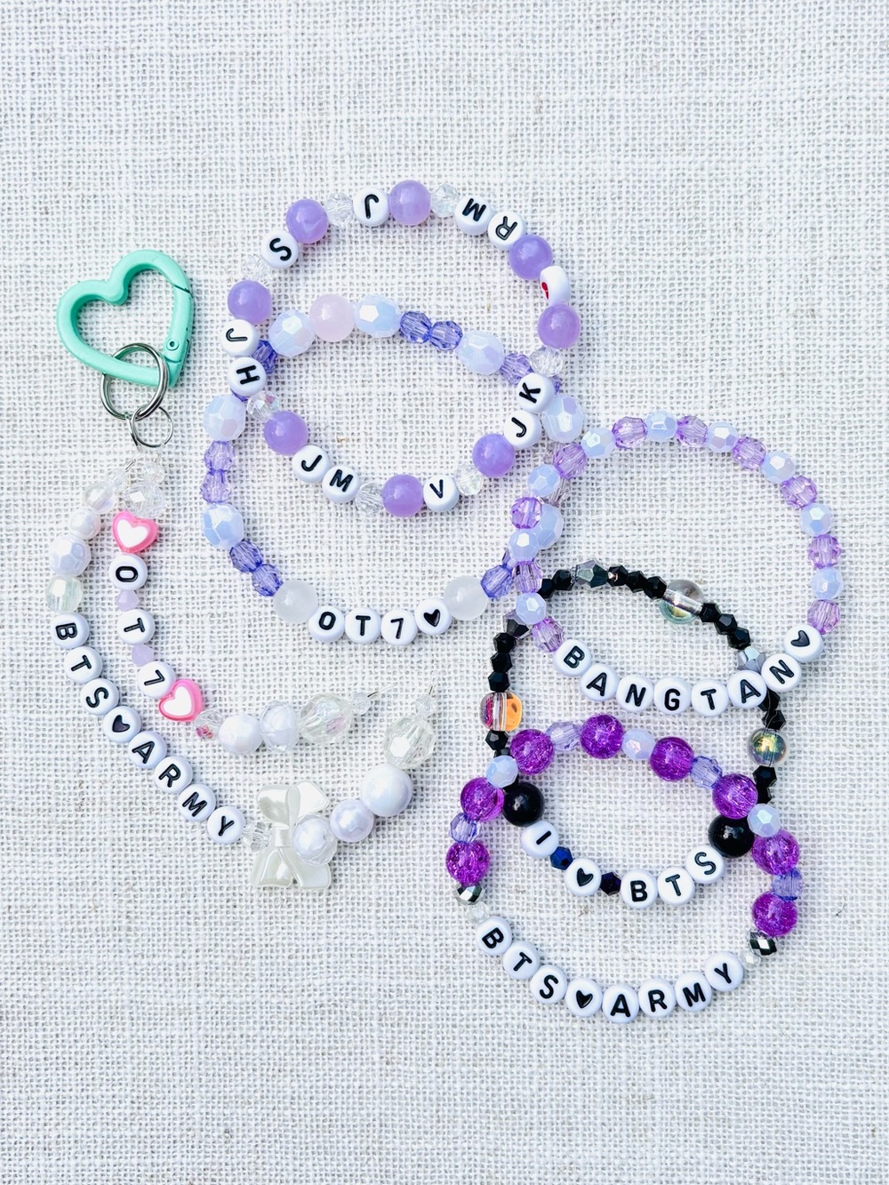 (6pcs) BTS BANGTAN ARMY OT7 PURPLE BRACELET KEYCHAIN BUNDLE